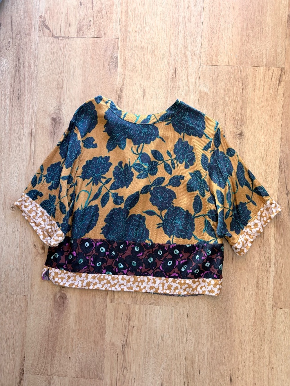 Boden Blouse Mustard Yellow Green Blue Multi-Pattern Floral Top